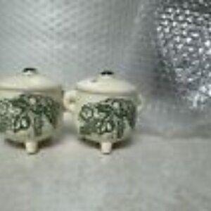 Vintage Japan Salt Pepper Shaker Ivory Green Grape Vine Leaves Crock 2.25”